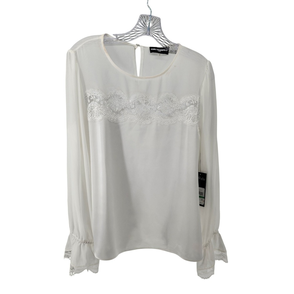 Karl Lagerfeld Paris White Lace Trim Ruffle Cuff Blouse‎ Top Large G59TG91A